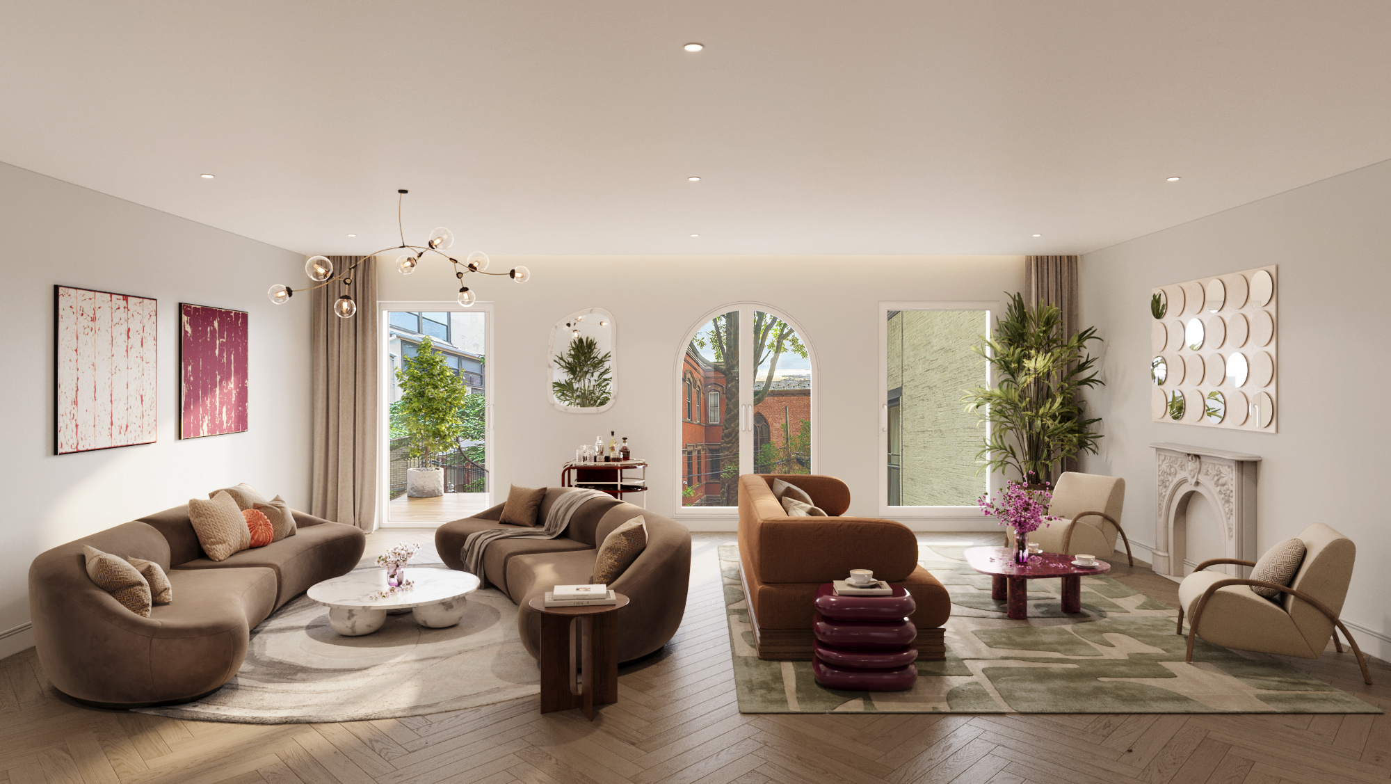 Living room with herringbone floors, marble mantel, and arched garden windows