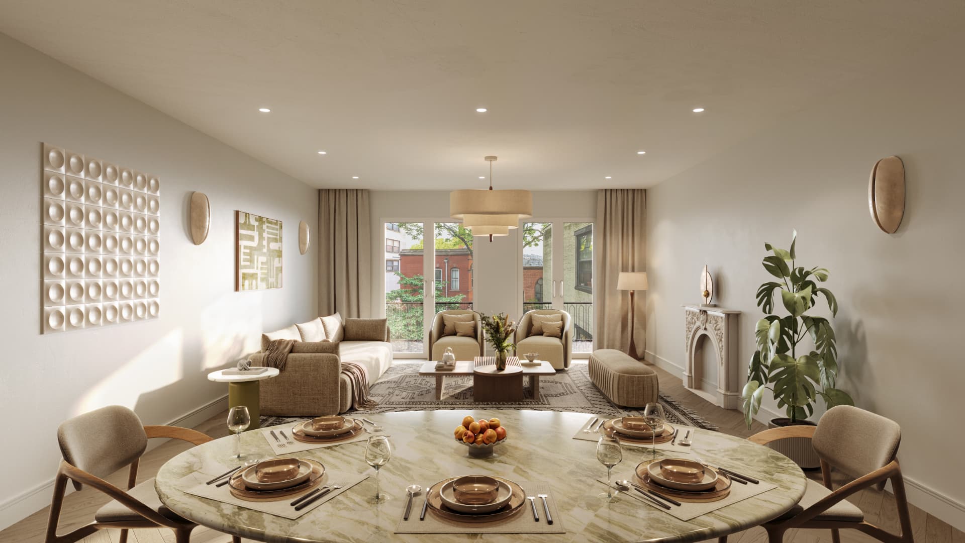 Parlor residence living and dining room with arched windows and a marble fireplace
