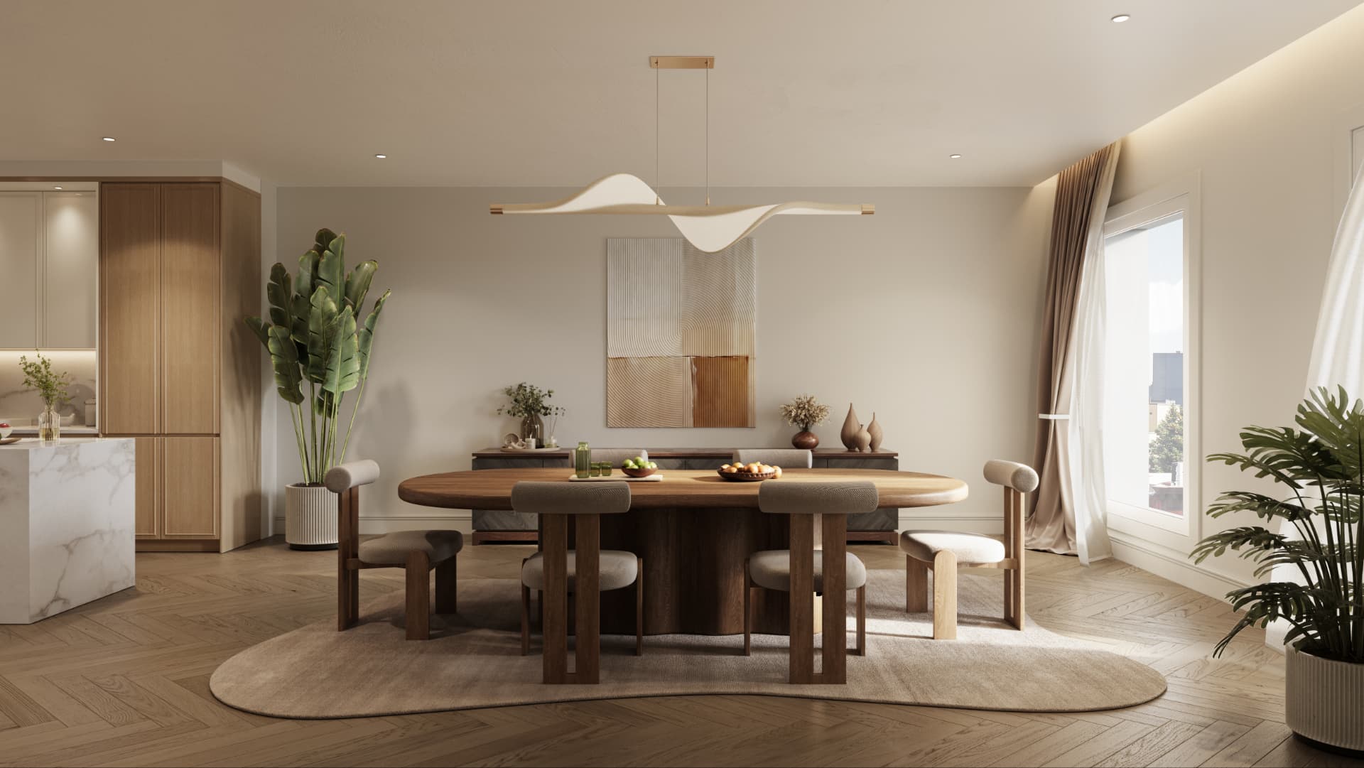 Dining room with an oval walnut table beneath a sculptural pendant