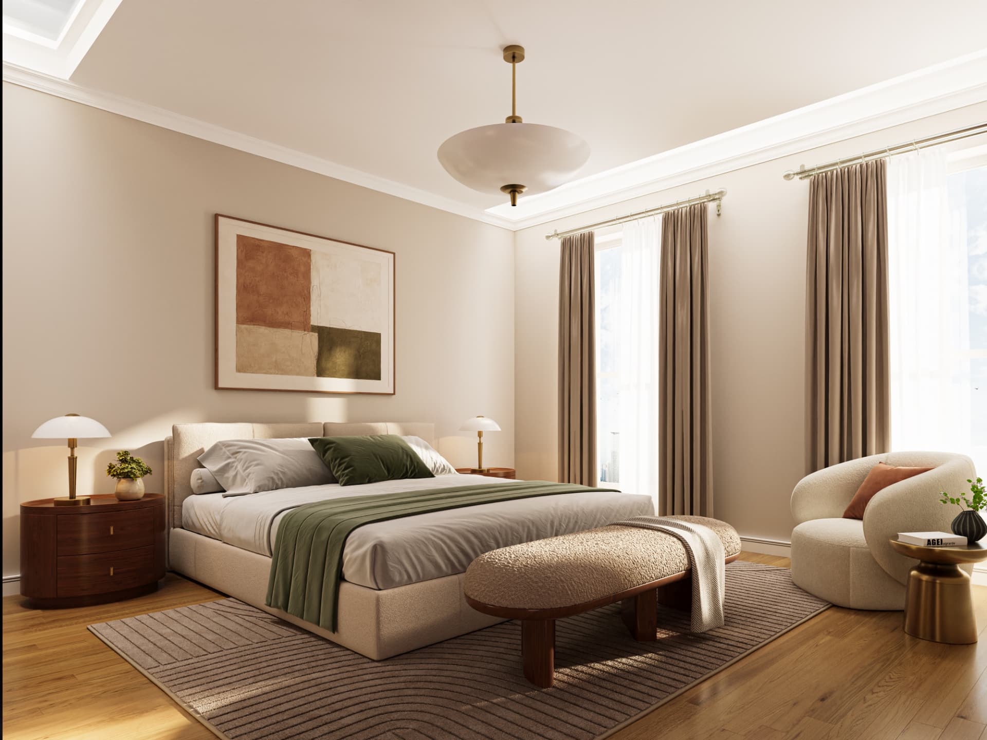 Penthouse primary bedroom with restored cornice, skylight, and tall south-facing windows