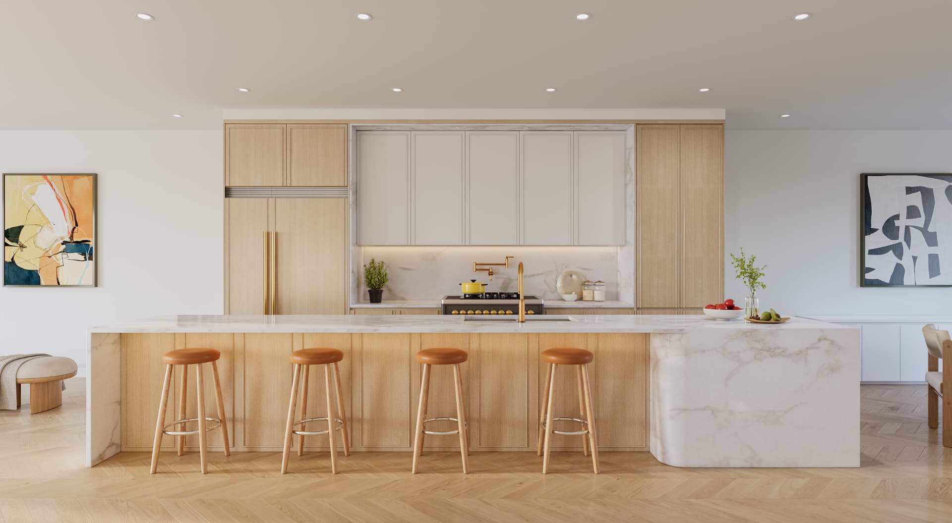 Kitchen with white-oak joinery, marble waterfall island, and unlacquered brass fittings