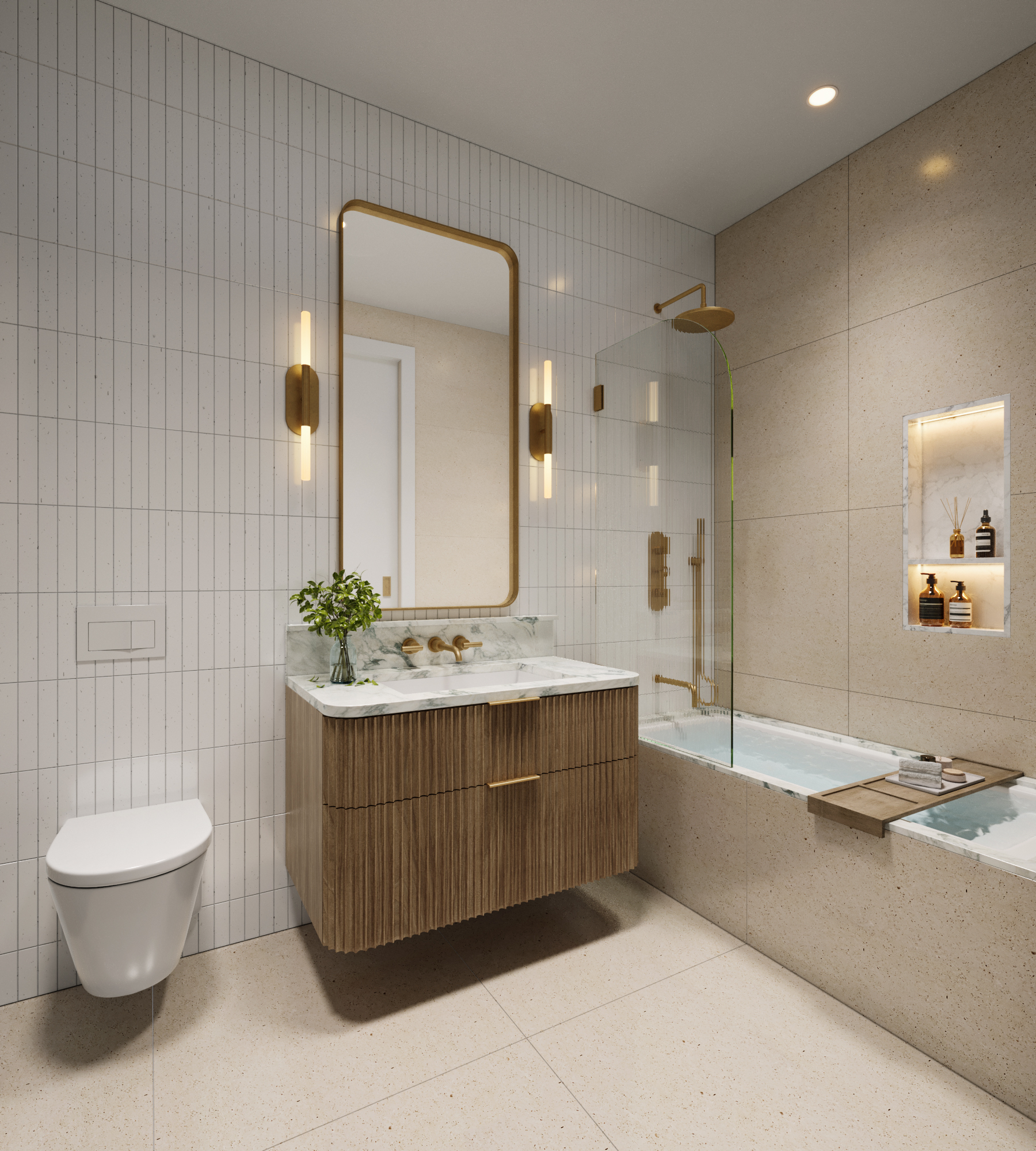 Secondary bathroom with stacked white tile, fluted vanity, and marble counter