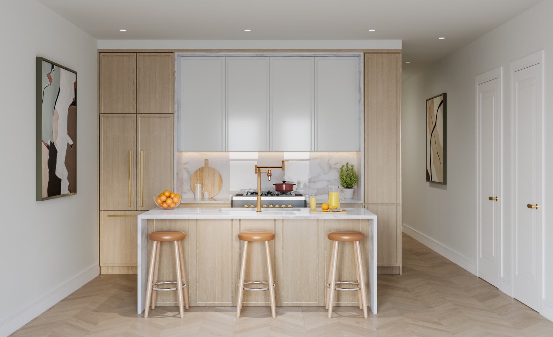 Parlor residence kitchen with white-oak cabinetry, marble waterfall island, and brass fittings